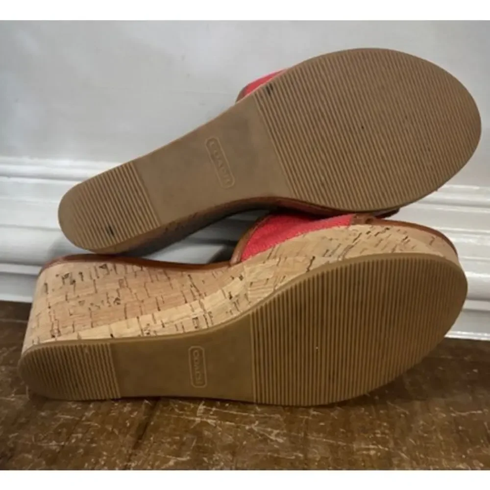 COACH JAZMIN PLATFORM WEDGE RED CANVAS Sandal Leather Size 6.5